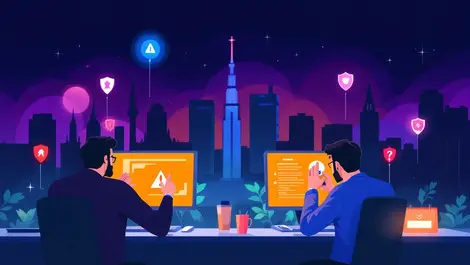 Stressed cybersecurity professionals monitoring warning screens with european landmarks