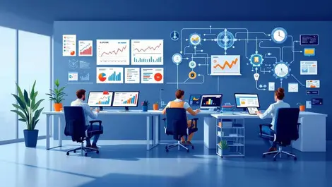 Modern uk investment office professionals analyzing data graphs digital documents workflow automation