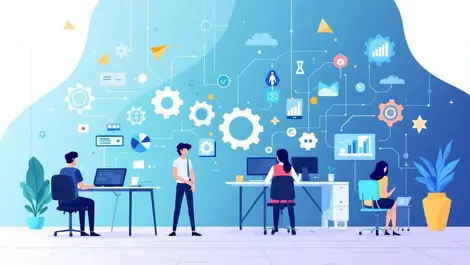 Modern office collaboration computers data flow gears network automation efficiency