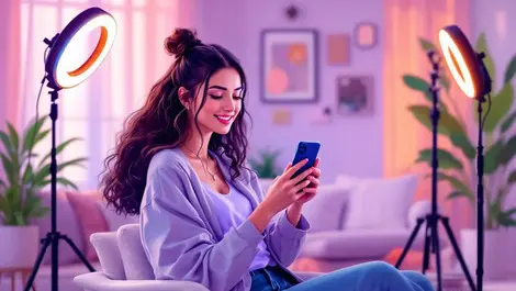 Modern stylish young woman recording video smartphone bright apartment influencer marketing