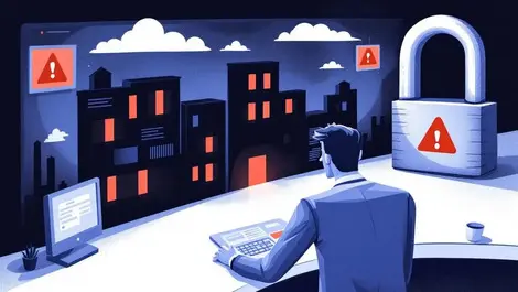 Worried business executive looking at dark office cybersecurity incident warning