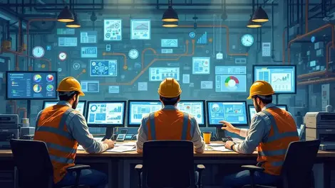 Factory engineers working with computers machinery digital screens spreadsheets