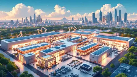 Modern high tech asia manufacturing facility robotic arms cleanrooms solar panels futuristic city