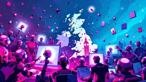Digital illustration robotic swarm emerging from screens surrounding uk map ai cyber threats