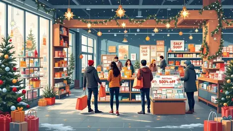 Festive retail store interior shoppers browsing discounted goods winter decorations
