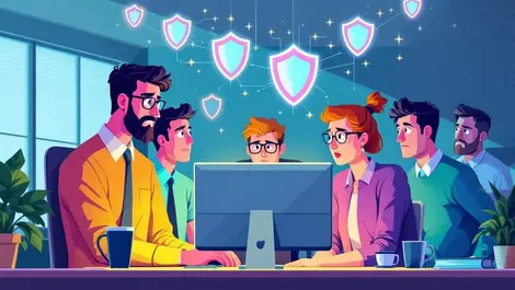 Uk office workers confused around computer with digital shield icons data security concerns