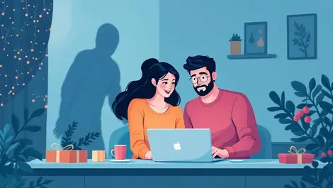 Australian family using laptop at home christmas online scammer shadow