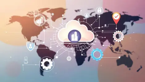 Digital illustration cloud security optimization gears office buildings global scope