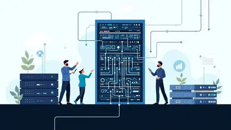 Engineers analyzing data streams server rack digital illustration ai analysis