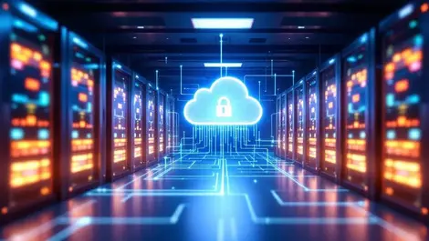 Modern data center server racks glowing digital streams cloud backup protection