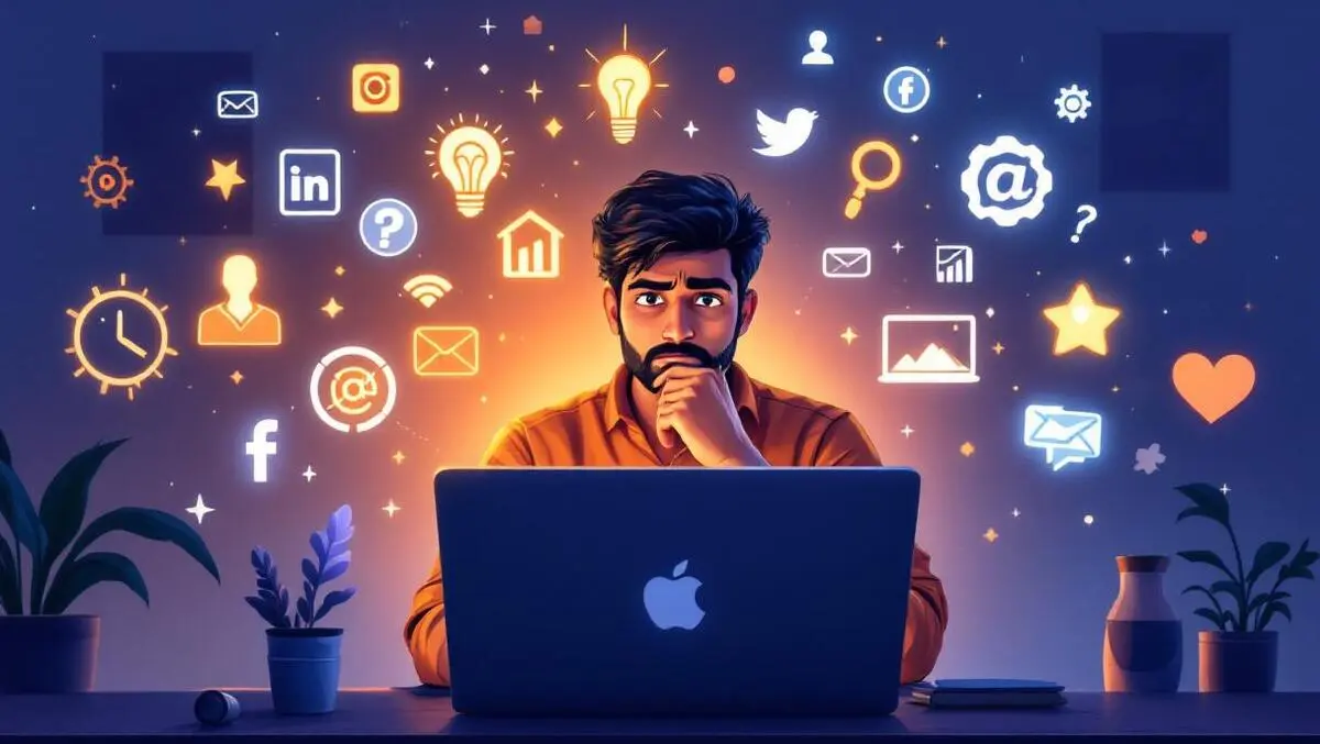 Indian marketer thinking at desk with ai social media content icons