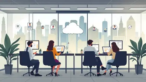 Remote professionals working laptops digital clouds indian cityscape