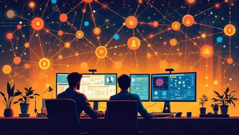 Team of analysts at computer desks monitoring digital threats ai network