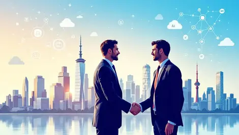 Two businesspeople shaking hands modern canadian city skyline ai clouds