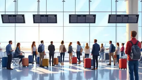 Anxious passengers luggage waiting australian airport terminal blank boards