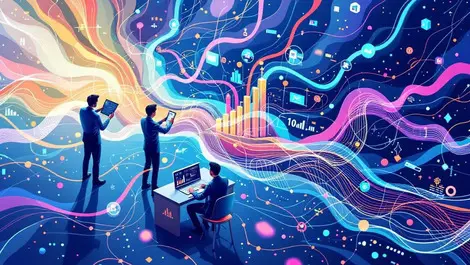 Data curation team collaborating with ai visualizing colorful data flows