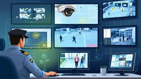Security control room video monitors surveillance feeds active analytics