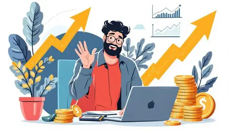 Small business owner australia reviewing financial graphs upward arrows coins cash flow management