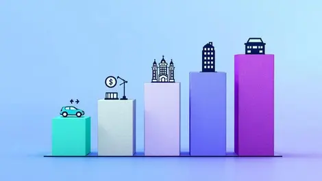 Bar graph icons retail automotive hospitality real estate financial services symbolizing commerce media maturity progress