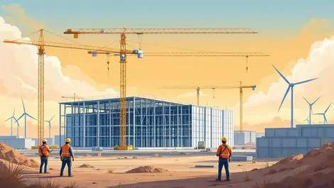 Construction workers ar headsets assembling data center steel framework with cranes wind turbines north dakota