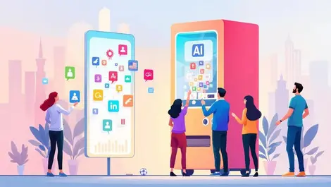 Digital vending machine dispensing colorful ai language translation icons global connectivity illustration