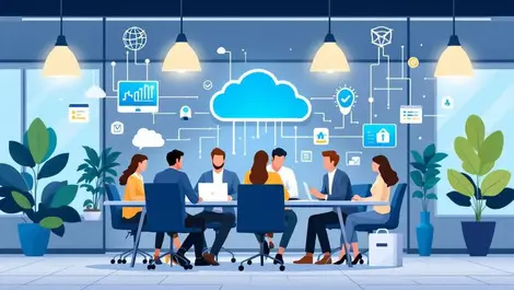 Modern office teamwork collaboration cloud technology network security icons