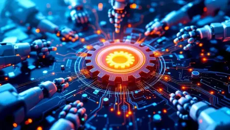 Realistic robotic arms automated business processes digital workflows glowing gear