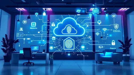 Modern security technology biometric fingerprint scanners surveillance cameras cloud symbols