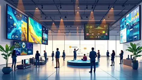 Modern showroom interior digital screens audiovisual equipment people engaging technology illustration