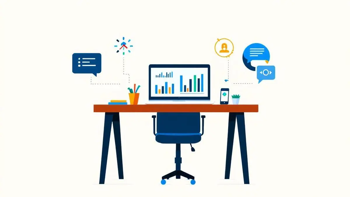 Small business office desk laptop charts marketing content automation workflow