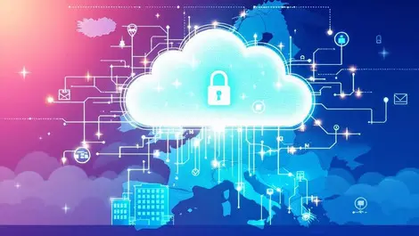 Modern illustration secure cloud glowing data streams european map enterprise buildings data privacy automation