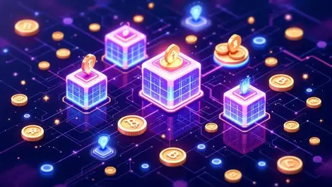 Interconnected digital blocks secure network with stylized coins blockchain growth
