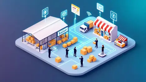 Isometric warehouse retail ecommerce multichannel data flow scene