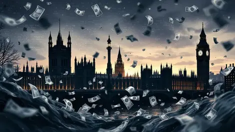 Uk parliament submerged in dark pound notes digital fraud dusk