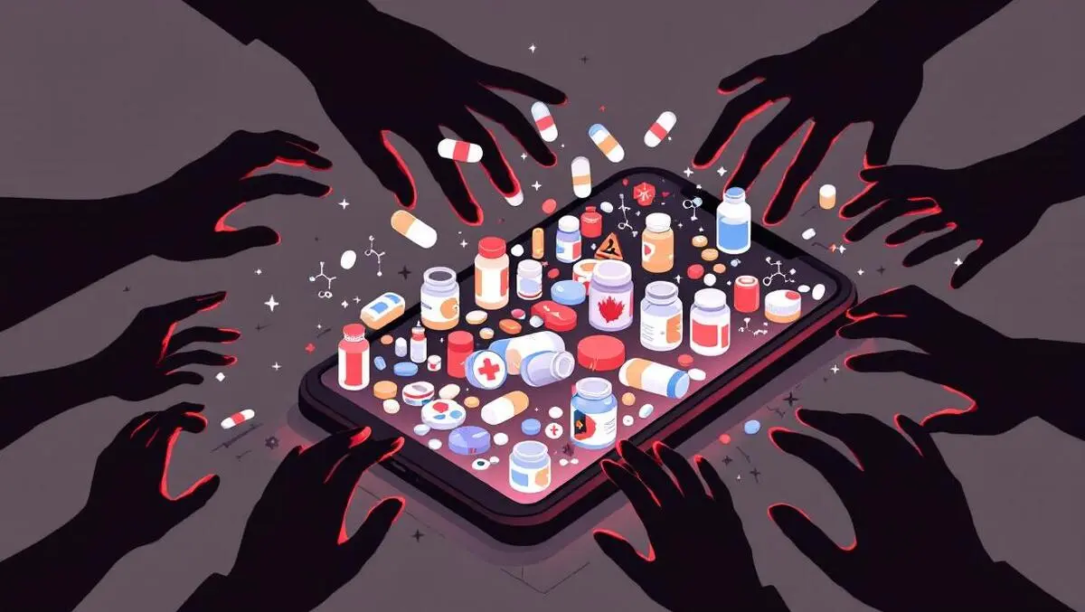 Moody phone overflowing pills dark hands unsafe med ads illustration