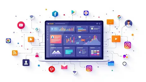 Central unified marketing dashboard with connected app icons network