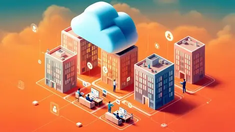 Isometric european office erp cloud migration ai data security