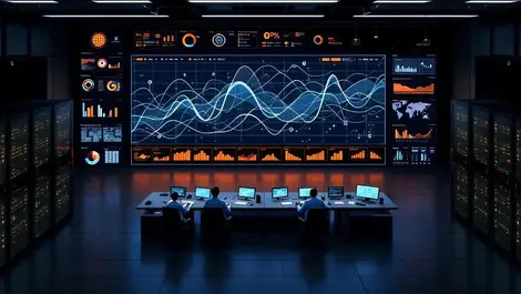 High angle data center control room flowing dashboards cloud infra