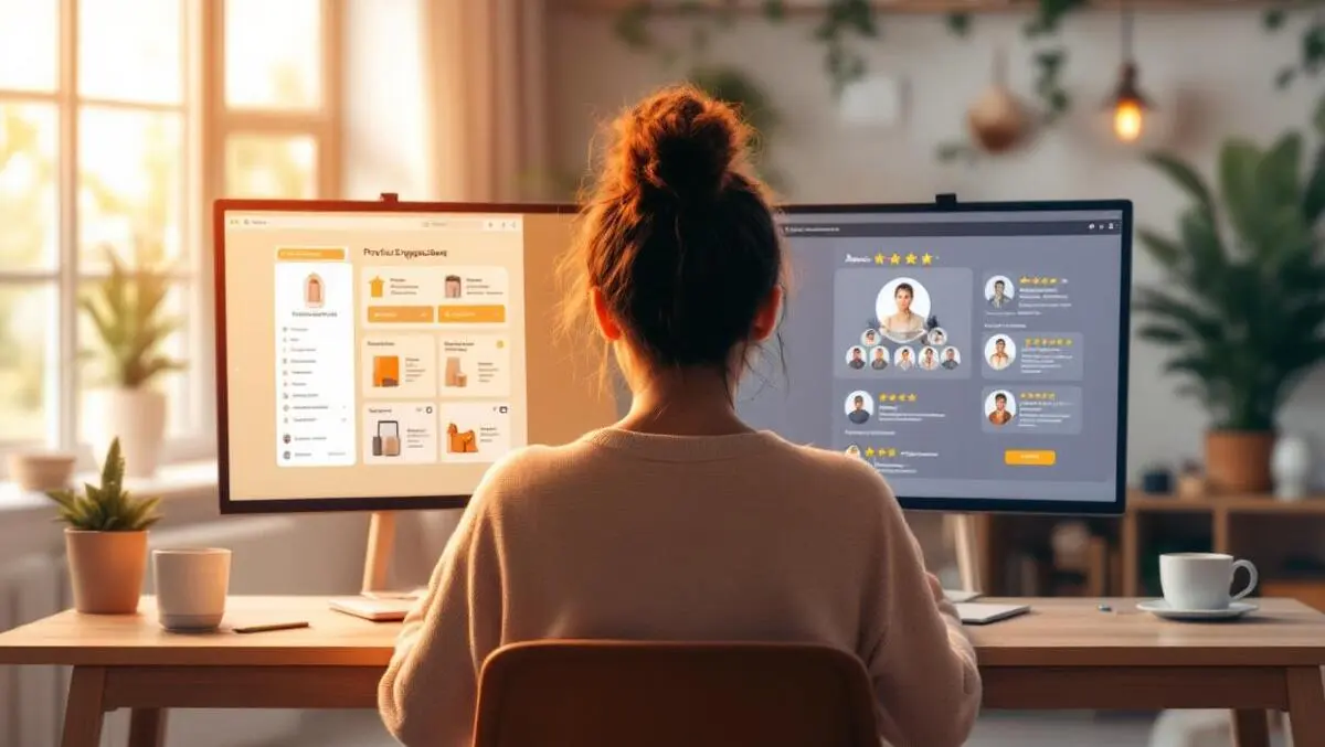 Online shopper ai suggestions and user review photos warm home scene