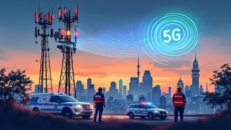 Emergency responders 5g tower city skyline public safety network