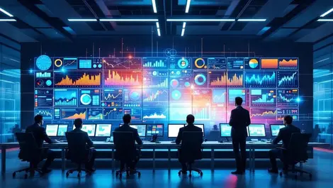 Modern us bank risk control room colorful dashboards analytics