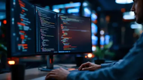 Software engineer dual monitors security warnings cloud office scene