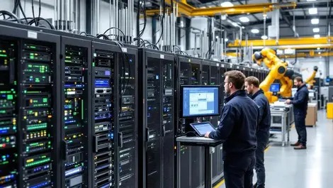 French 5g 6g research lab with server racks robots conveyors