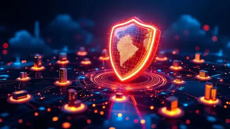 Glowing circuit shield protecting globe global cyber risk scene