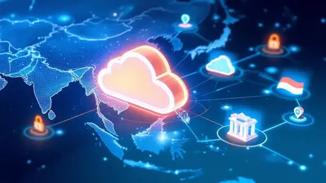 Glowing shield cloud over asia pacific map multicloud security