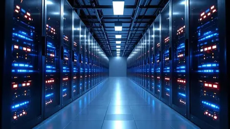 Modern asia pacific data center ai cloud racks blue lighting
