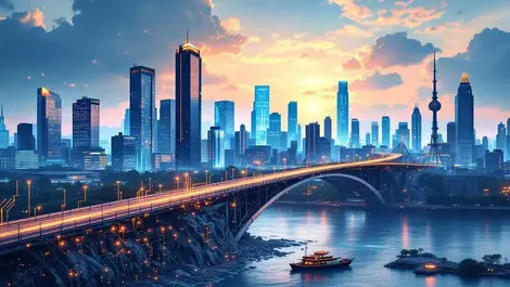 Asia pacific skyline ai circuitry infrastructure gap broken bridge