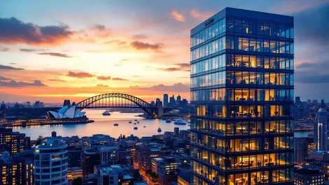 Sydney glass office tower hq sunset harbour bridge opera house