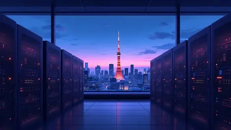 Tokyo data centre dusk with server racks and tokyo tower view