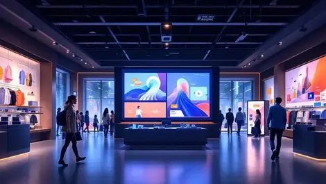 Modern retail store digital screens audio sync data visualisation